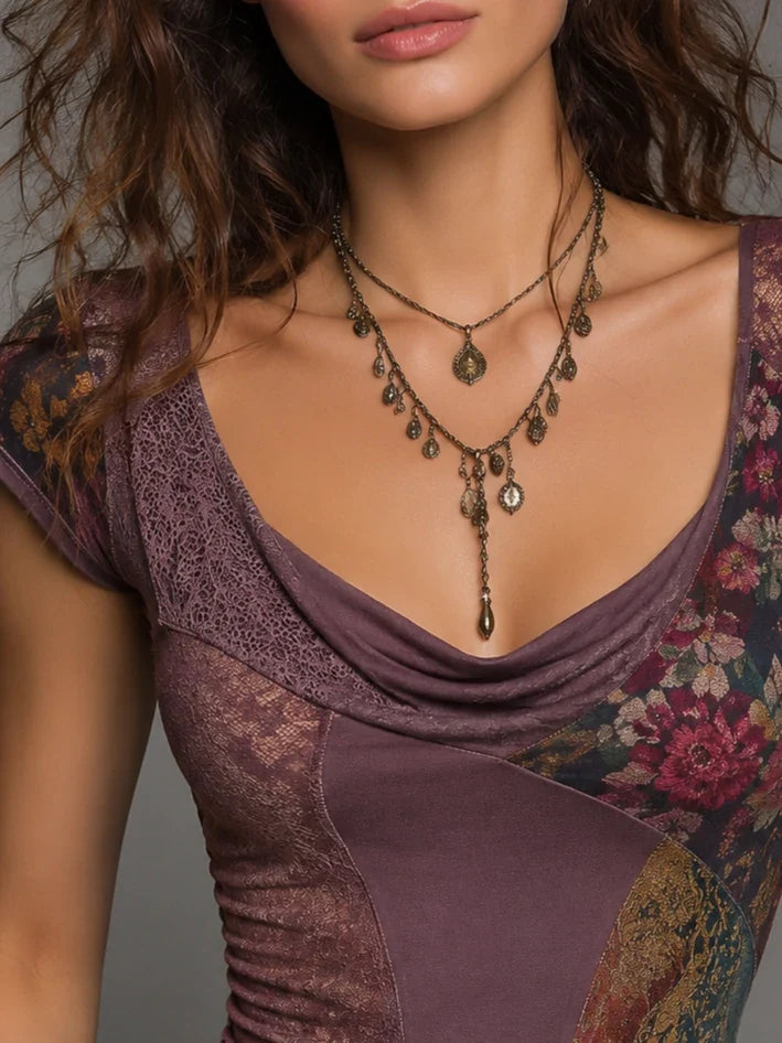Floral Patchwork Lace Cowl Neck Top
