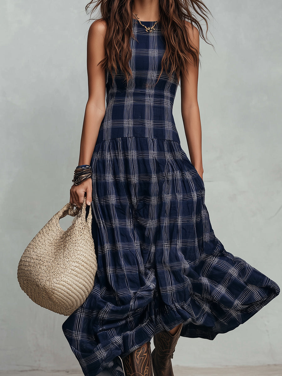 Classic Plaid Sleeveless Side Pocket Maxi Dress
