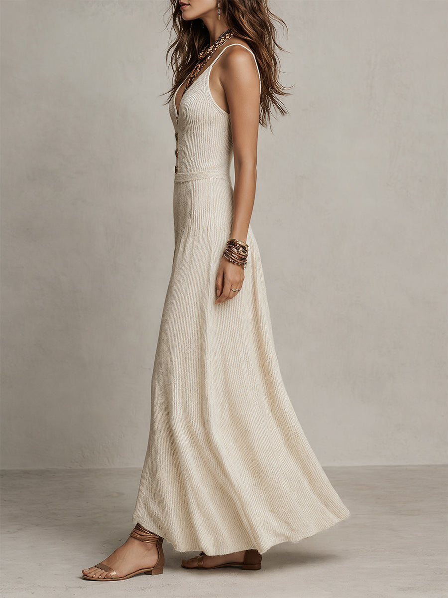 Vintage Knitted Button-down Sleeveless Maxi Dress