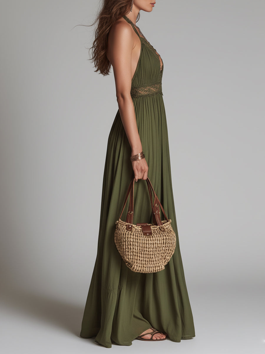 Boho Halter-Neck Maxi Dress With Lace Inserts