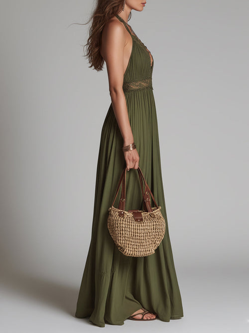 Boho Halter-Neck Maxi Dress With Lace Inserts