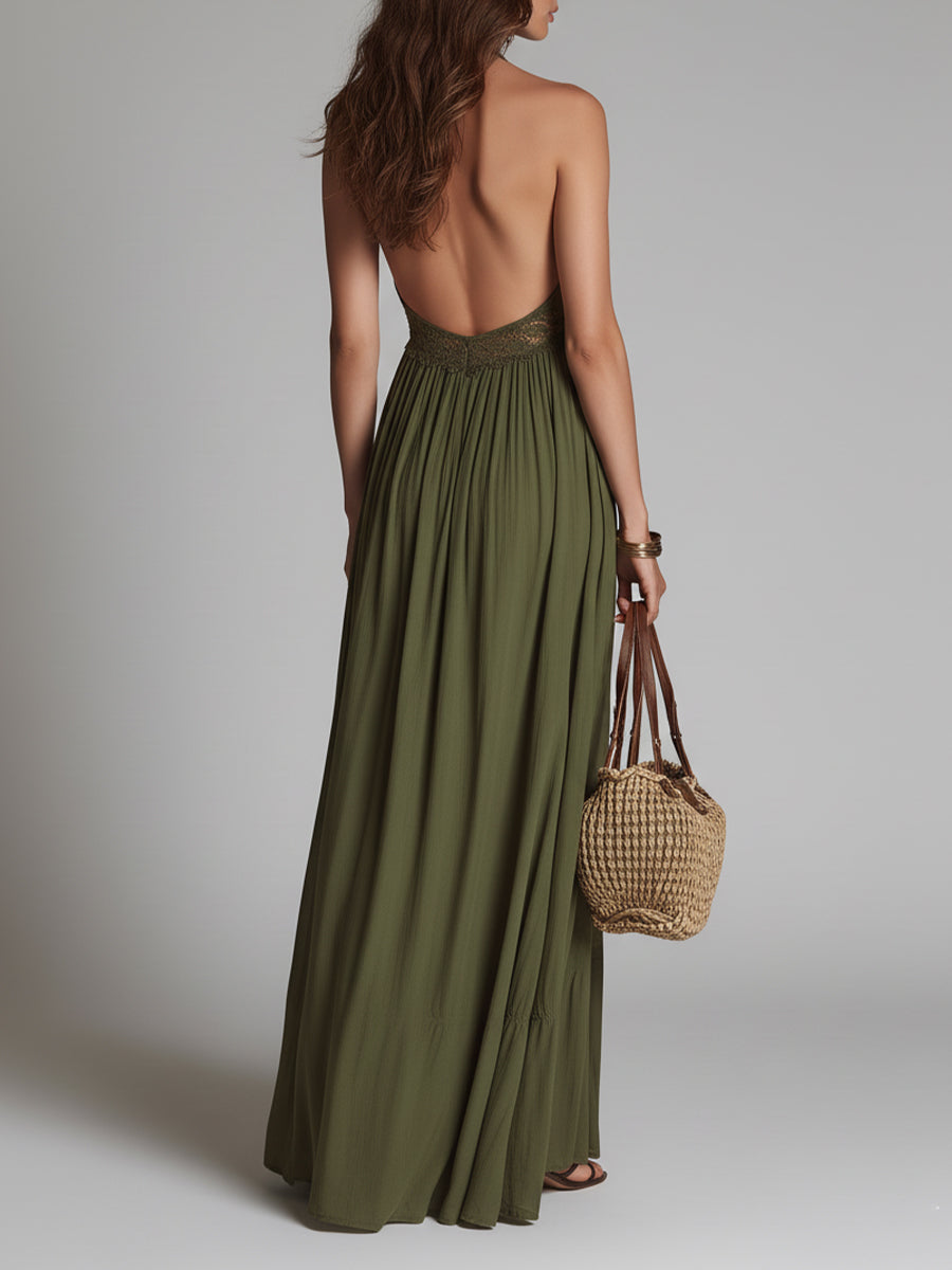 Boho Halter-Neck Maxi Dress With Lace Inserts