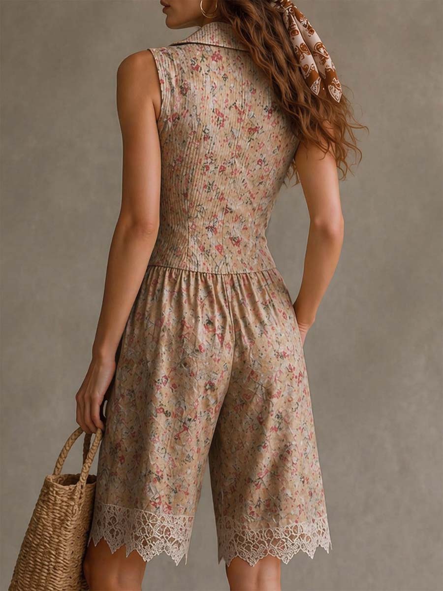 Retro Floral Cotton Twill Vest Style Romper with Lace Trim and Cutout Neckline