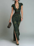 Retro Lace Trim Cap Sleeves Side Slit Maxi Dress