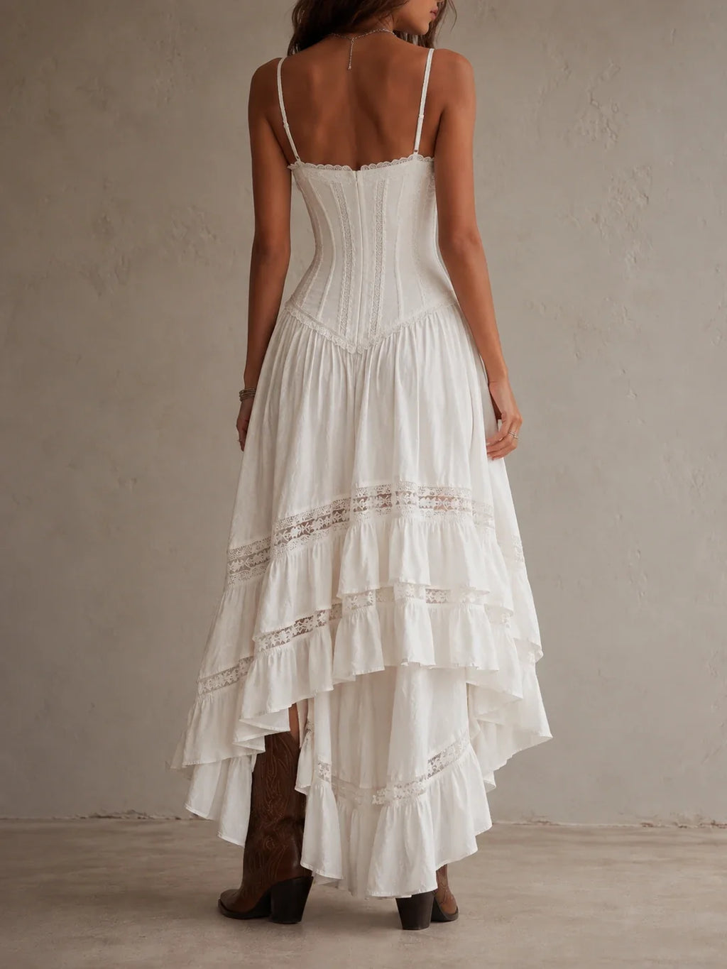 White Lace Corset Spaghetti Strap Ruffle Maxi Dress