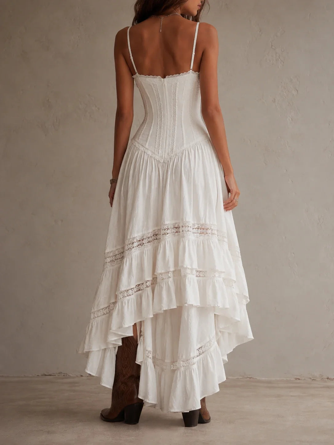 White Lace Corset Spaghetti Strap Ruffle Maxi Dress