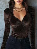 Shimmer Brown Velvet Bodycon Sparkle Hooded Top