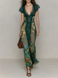 Boho Print Lace Trim Ethnic Print Maxi Dress