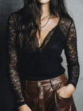 Romantic Black Floral Lace Deep V Stretchy Slim Top