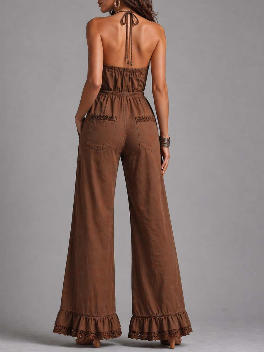Vintage Brown Lace-Trim Halter Neck Flared Jumpsuit