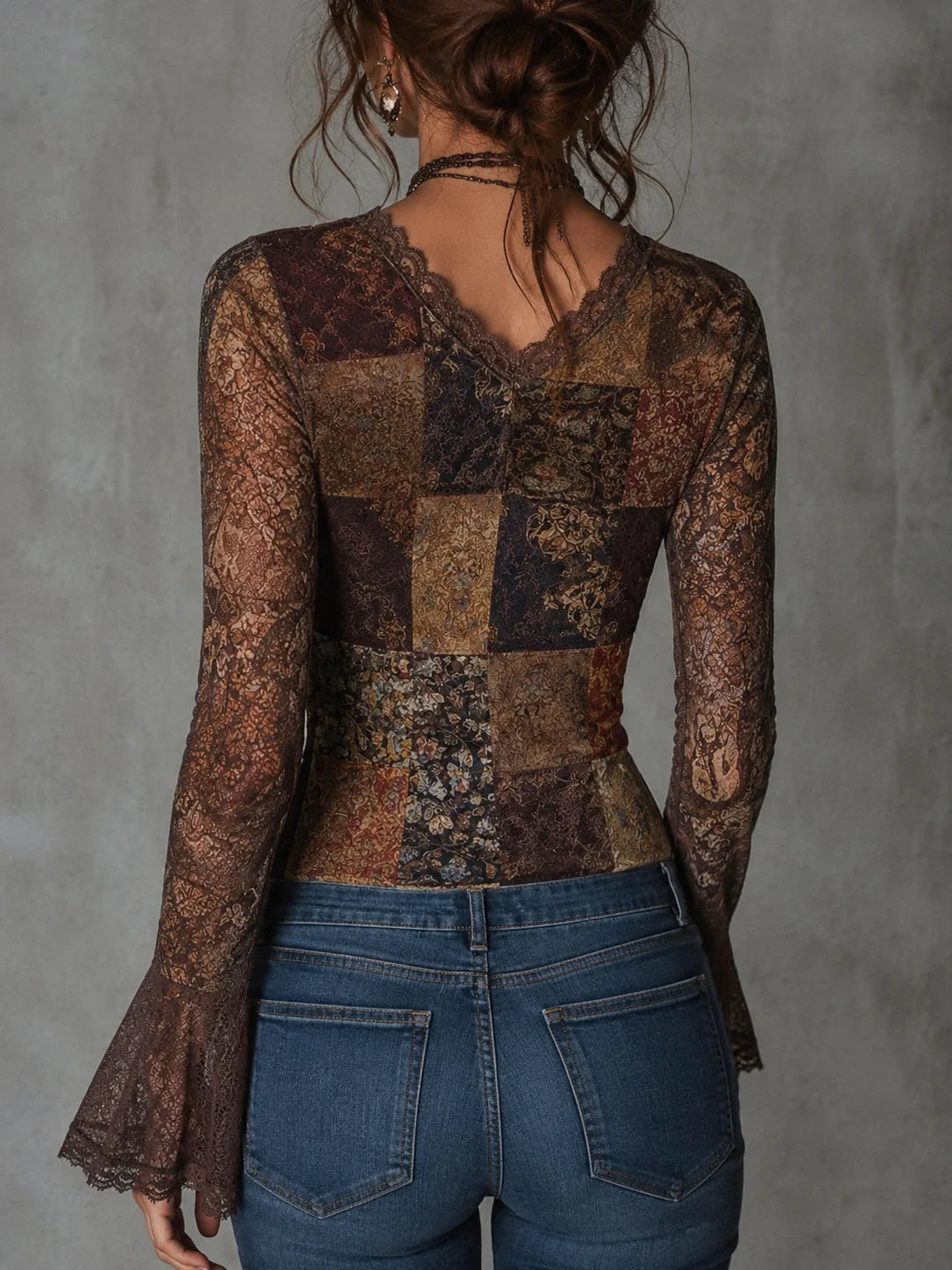 Retro Boho Patchwork Floral Print Lace Trim Top