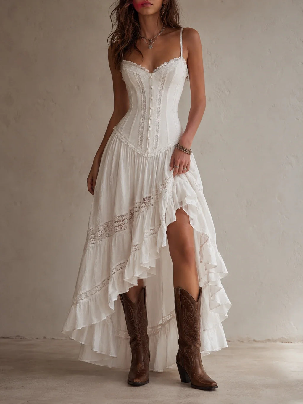 White Lace Corset Spaghetti Strap Ruffle Maxi Dress