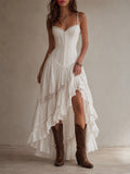 White Lace Corset Spaghetti Strap Ruffle Maxi Dress