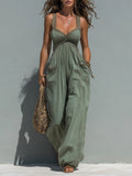 Boho Lace-Trimmed Wide-Leg Jumpsuit With Patch Pockets
