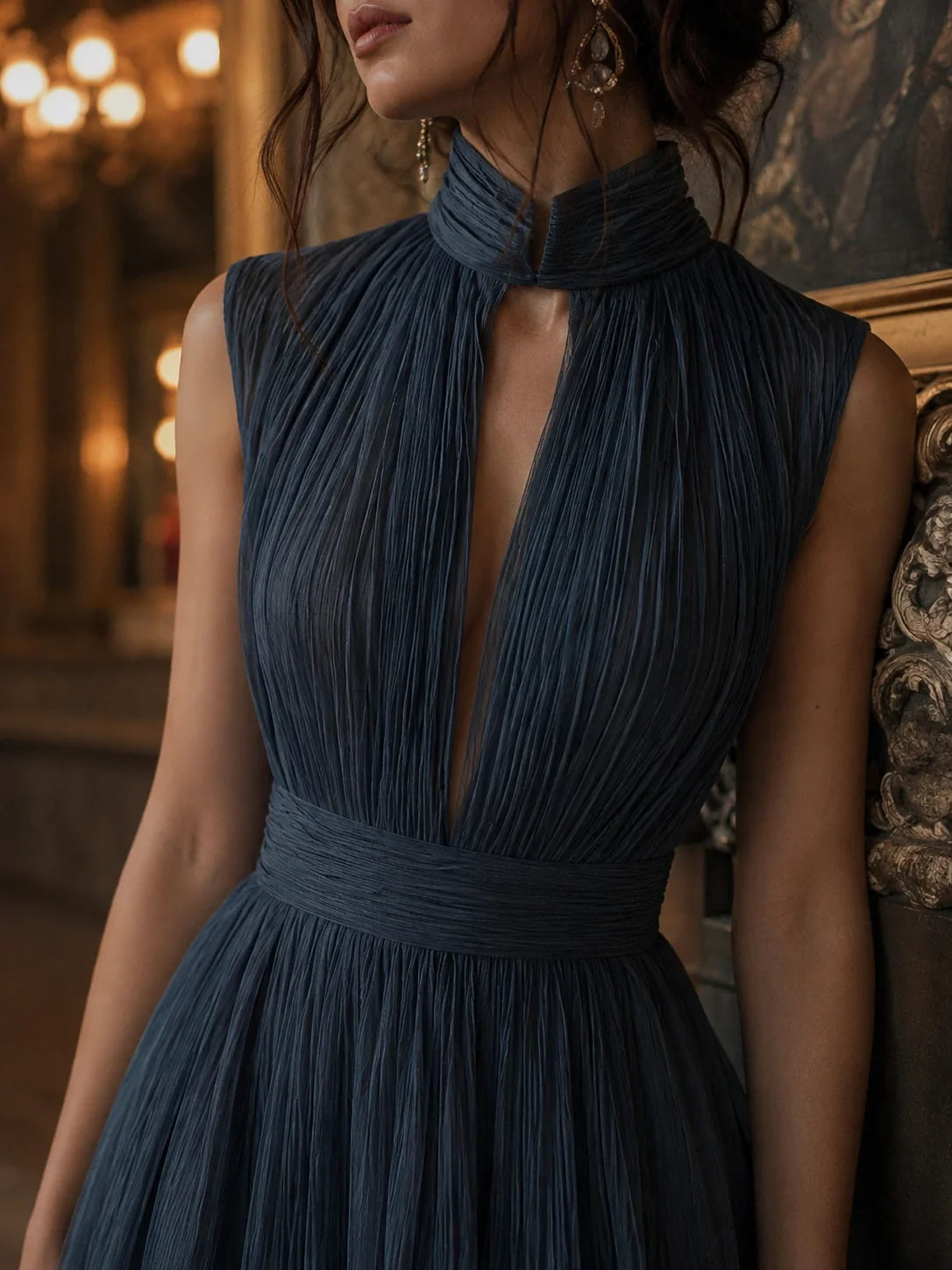 Retro Pleated Chiffon Keyhole Collar Maxi Dress