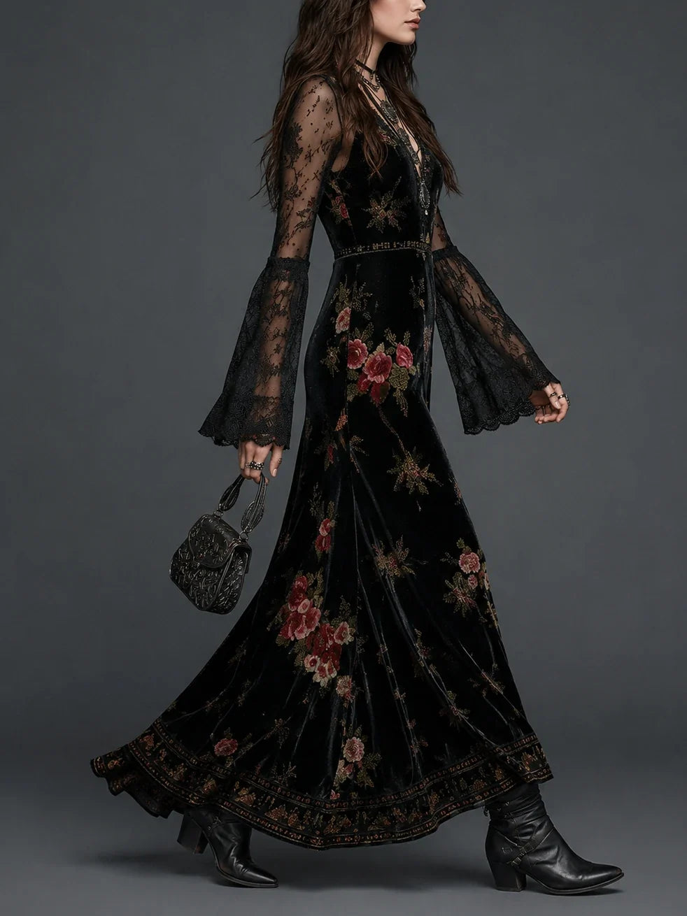 Vintage Black Velvet Floral Lace Sleeve Maxi Dress