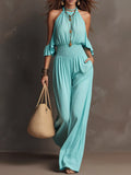 Halter Cold Shoulder Ruffle Sleeve Smocked High Waist Wide Leg Jumpsuit