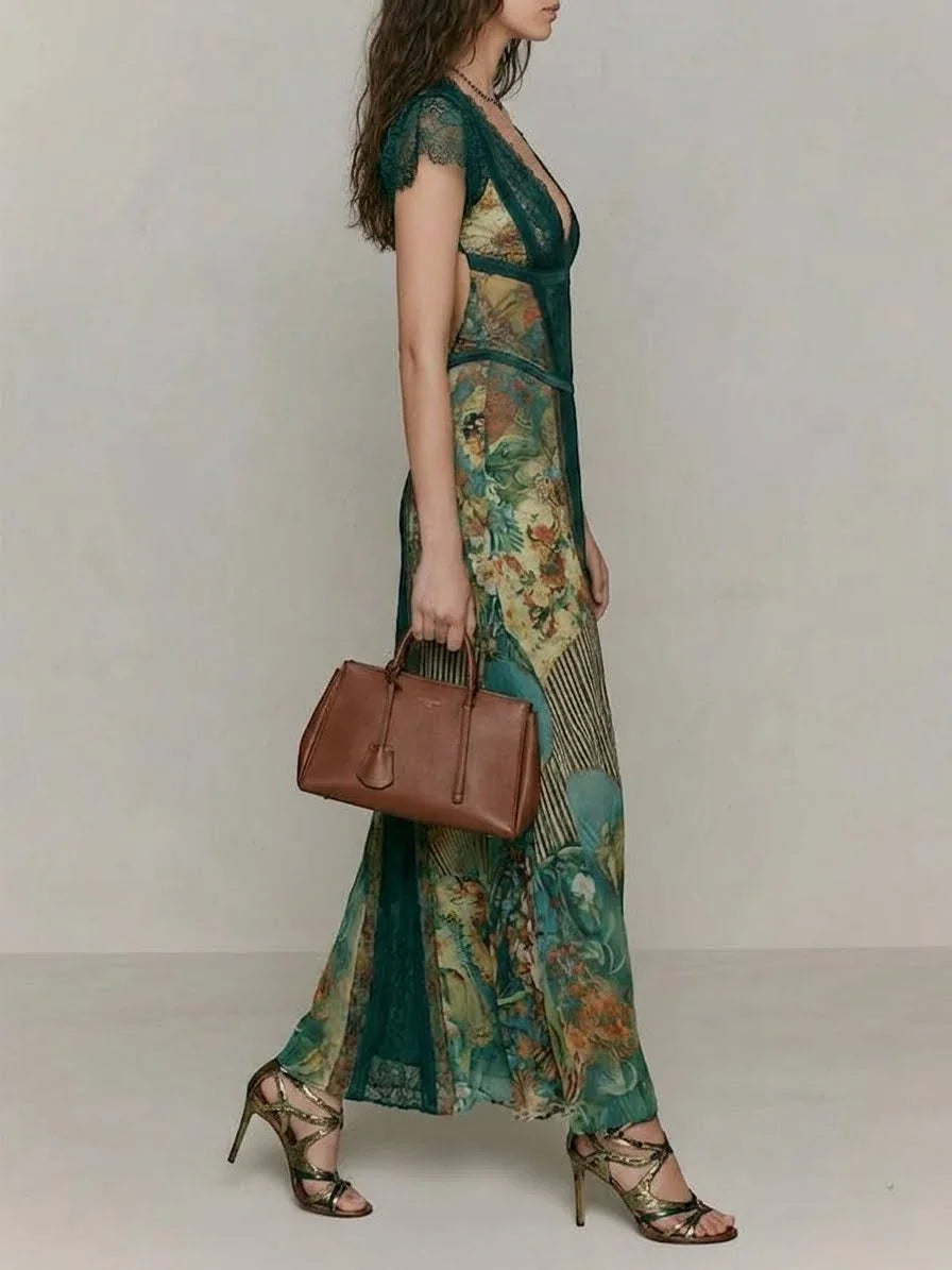 Boho Print Lace Trim Ethnic Print Maxi Dress
