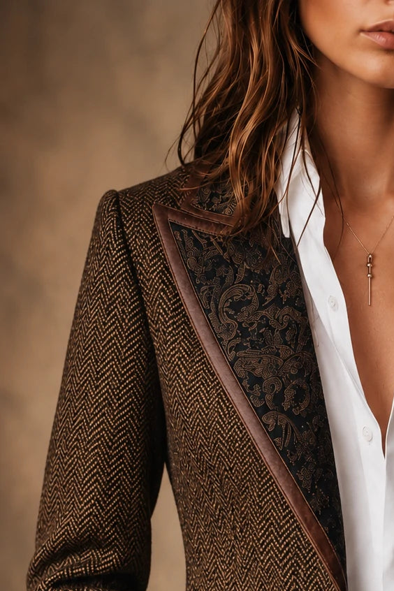 Herringbone Tweed Blazer With Printed Panels