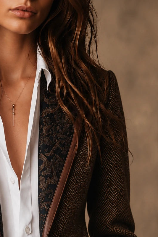 Herringbone Tweed Blazer With Printed Panels