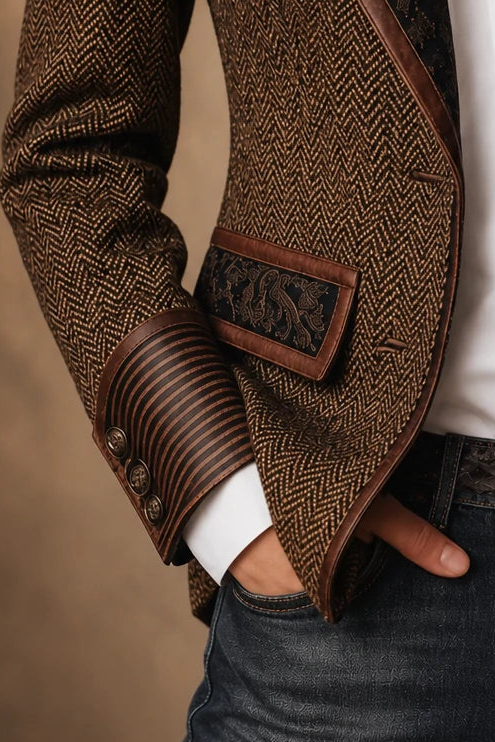 Herringbone Tweed Blazer With Printed Panels