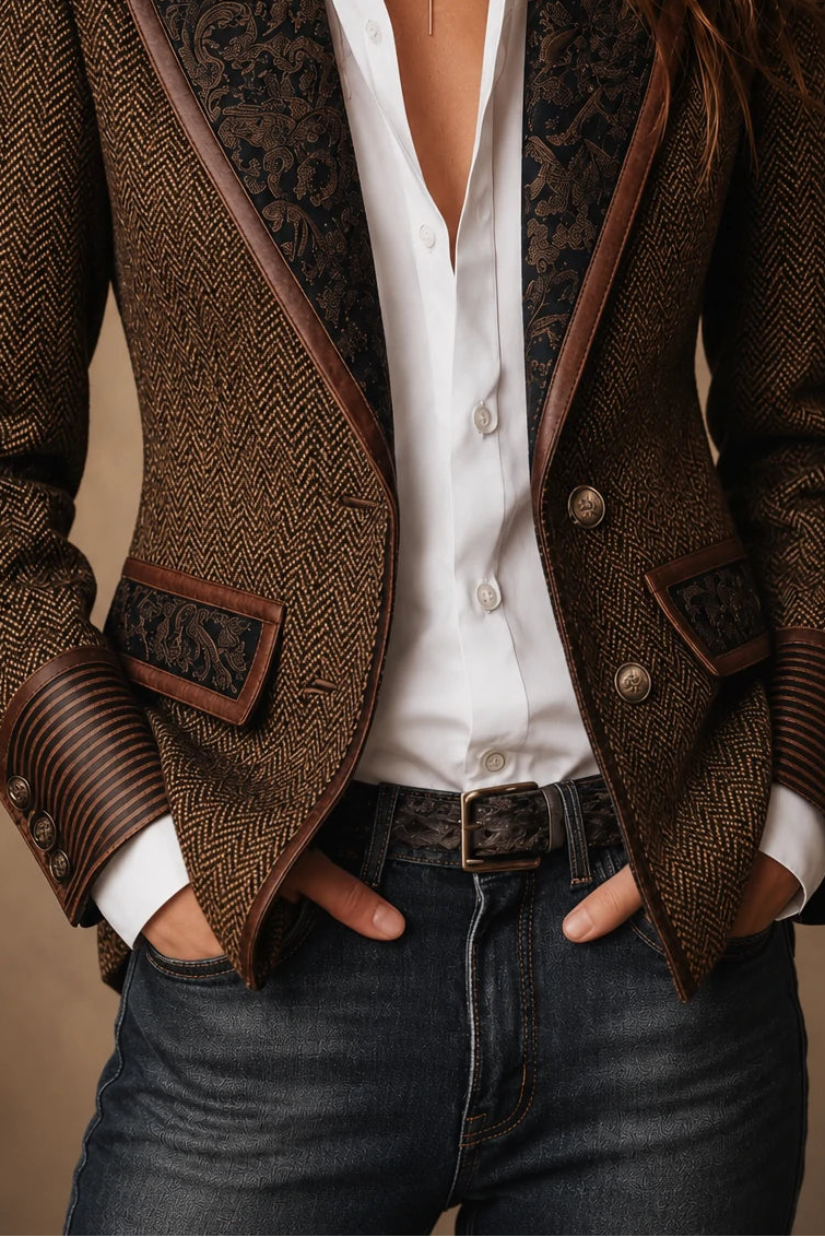 Herringbone Tweed Blazer With Printed Panels