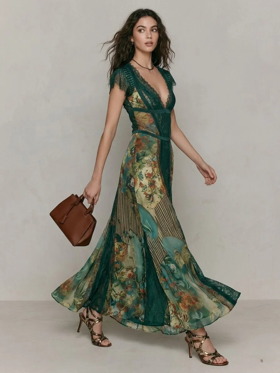 Boho Print Lace Trim Ethnic Print Maxi Dress