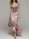 Elegant Oil Painting Flower Fishtail Hem Maxi Dress