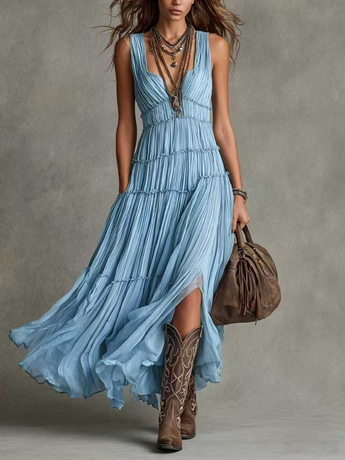 Bohemian Holiday Pleated Chiffon Tiered Maxi Dress