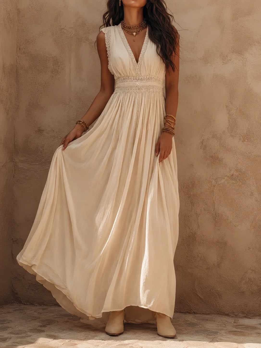 Boho Sandstone Ivory Lace-Trim Maxi Dress