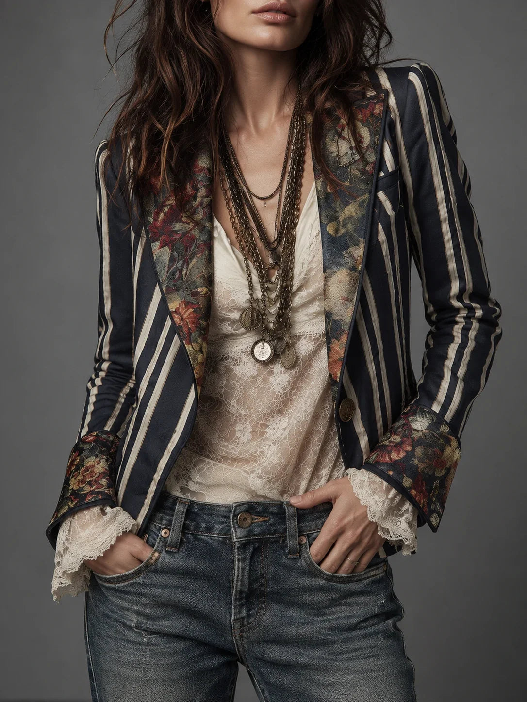 Bohemian Floral Print Cotton And Linen Striped Blazer