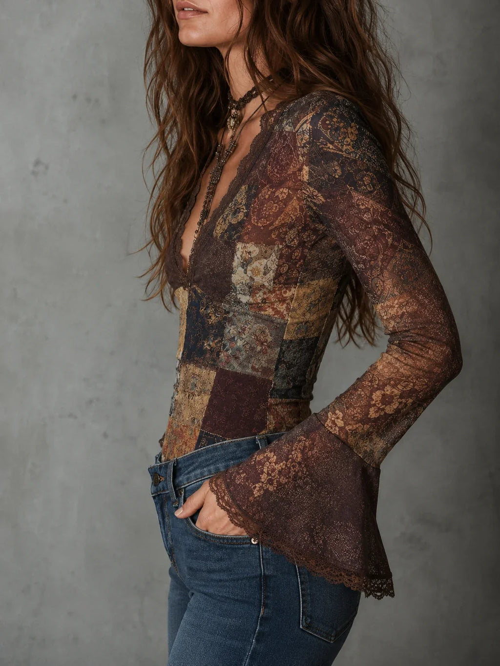 Retro Boho Patchwork Floral Print Lace Trim Top