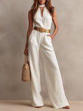 Vintage Boho White Halter Wide-Leg One Piece Jumpsuit