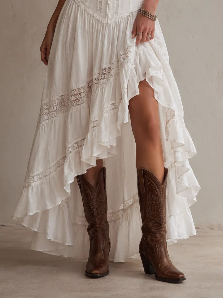 White Lace Corset Spaghetti Strap Ruffle Maxi Dress