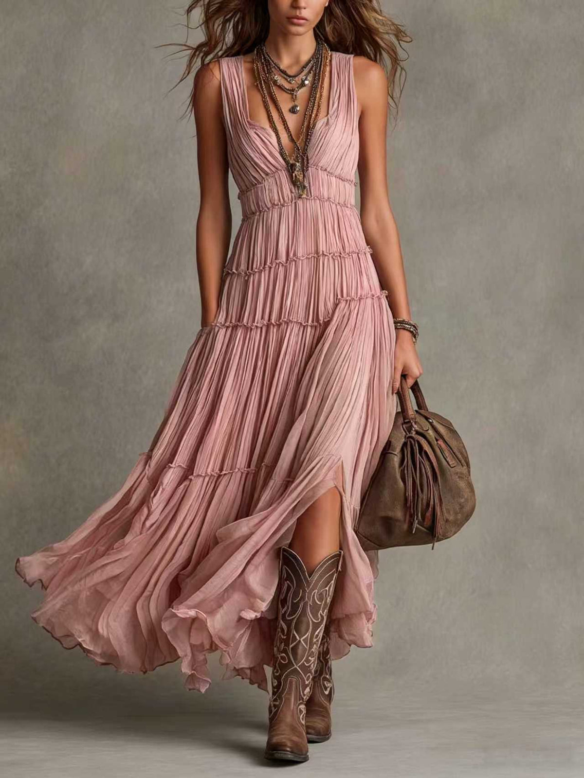 Bohemian Holiday Pleated Chiffon Tiered Maxi Dress