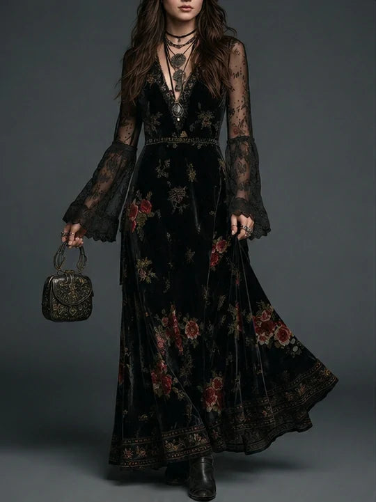 Vintage Black Velvet Floral Lace Sleeve Maxi Dress