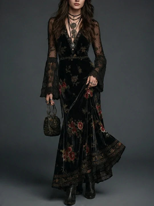 Vintage Black Velvet Floral Lace Sleeve Maxi Dress