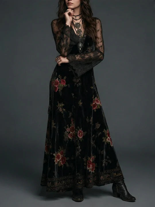Vintage Black Velvet Floral Lace Sleeve Maxi Dress