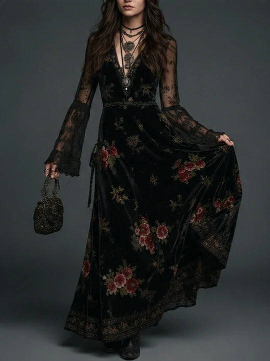 Vintage Black Velvet Floral Lace Sleeve Maxi Dress