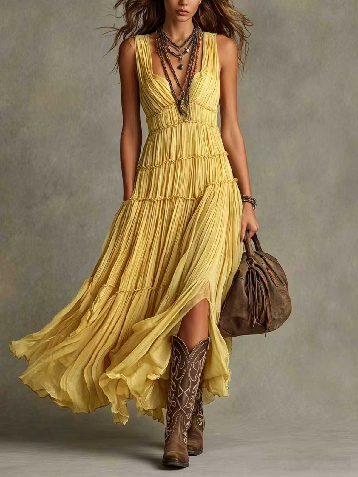 Bohemian Holiday Pleated Chiffon Tiered Maxi Dress